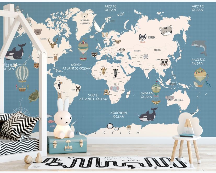 Kids Political World Map with Old Hot Air Balloons Wallpaper Mural main product photo