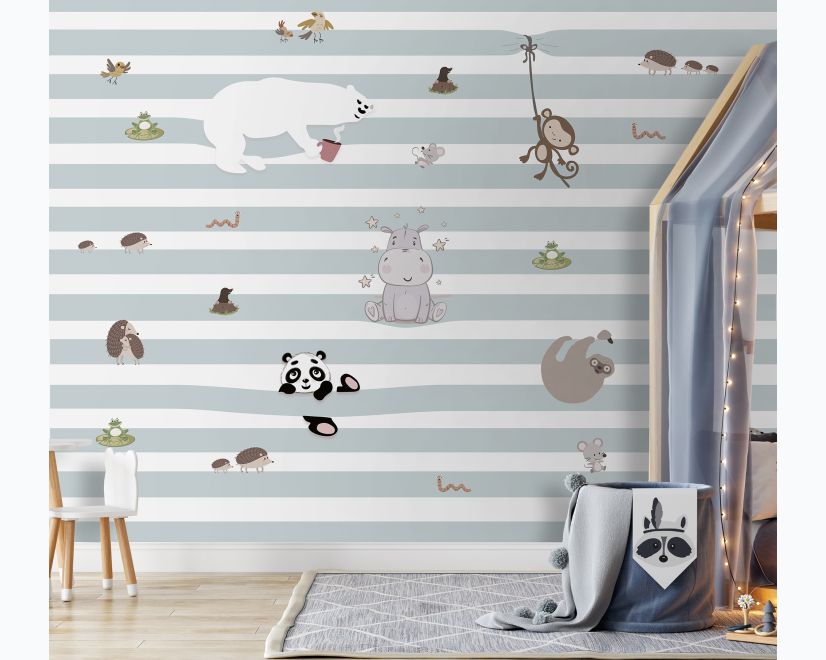 Cute Animals on the Colorful Stripe Wallpaper Mural main product photo