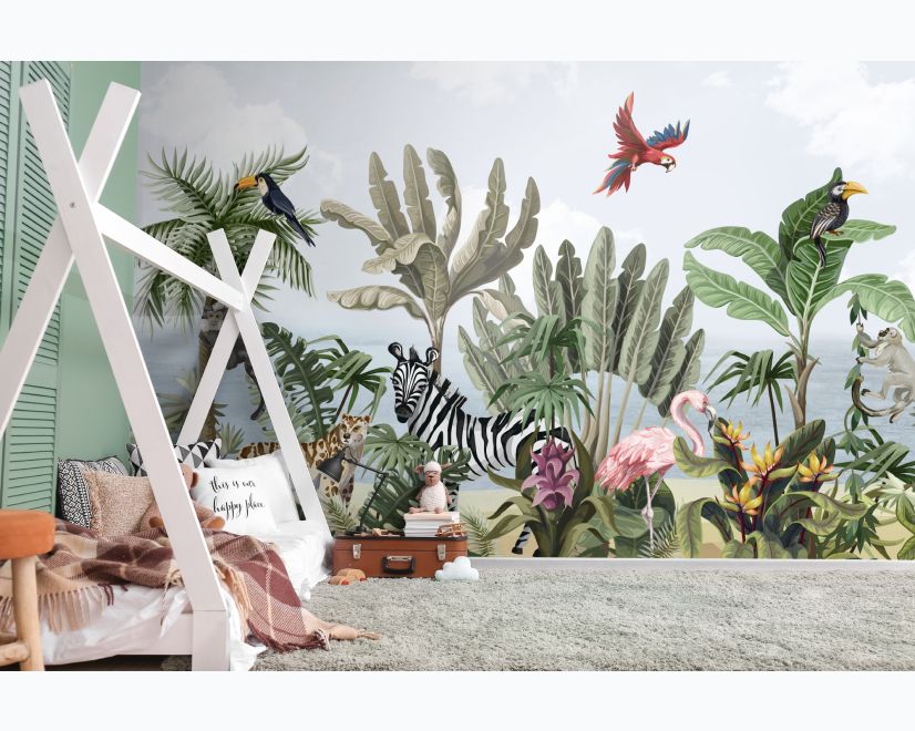 Kids Jungle View with Exotic Animals Wallpaper Mural main product photo