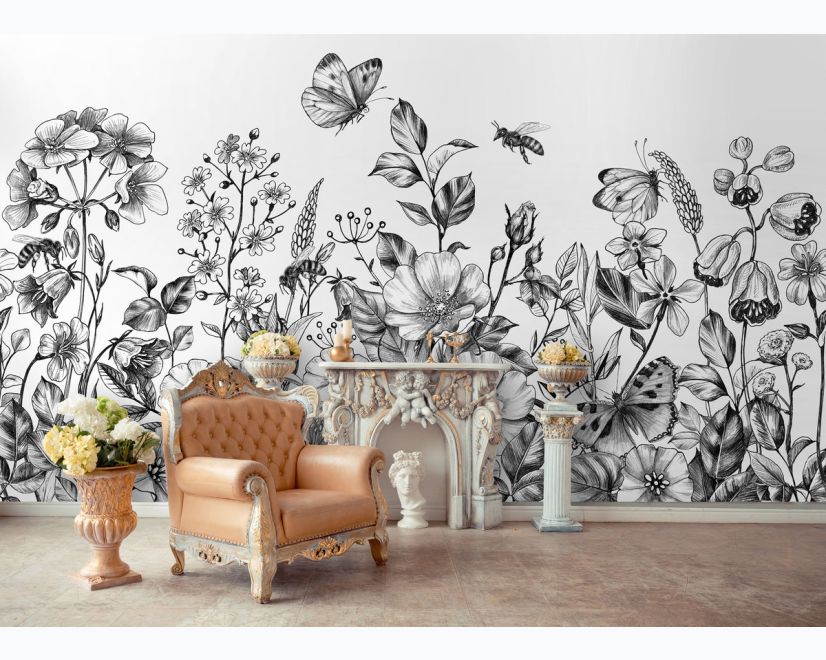 Black and White Floral Wallpaper Mural main product photo
