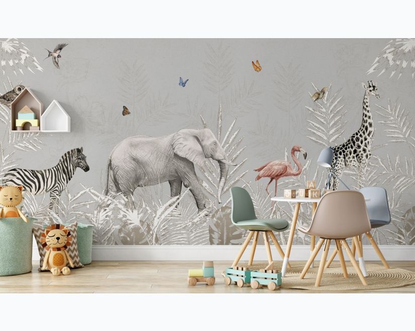 Tropical Animals with Leafs Wallpaper Mural For Children main product photo
