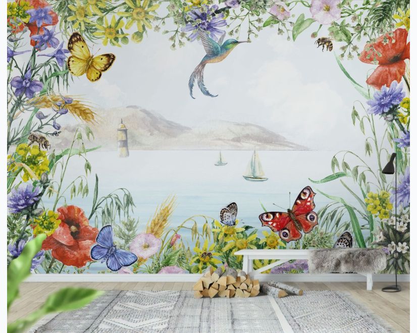 Sea View with Garden Flowers Wallpaper Mural main product photo