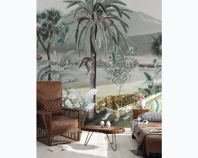 Vintage Exotic Landscape with Wild Animals Wallpaper Mural main product photo