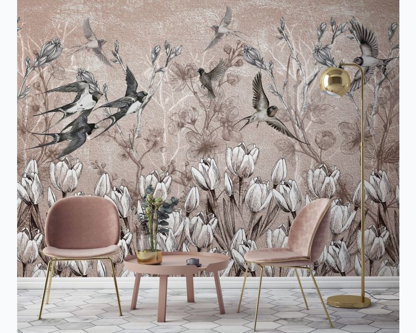Flying Birds on Flowers Wallpaper Mural main product photo