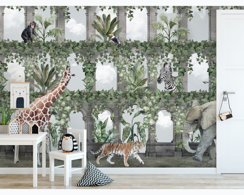 Kids Tropical Animals Around the Arch Wallpaper Mural main product photo