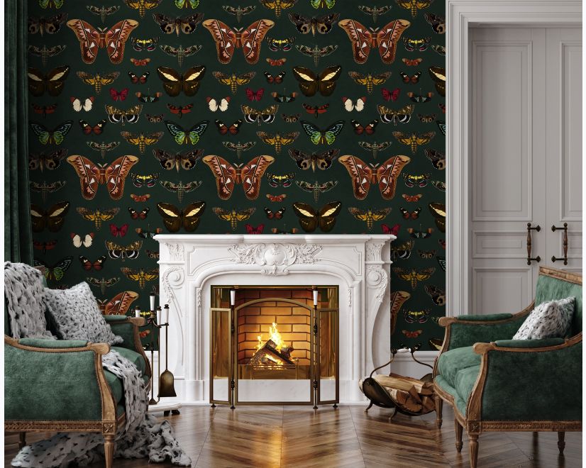Colorful Butterfly Patterns on Green Background Wallpaper Mural main product photo