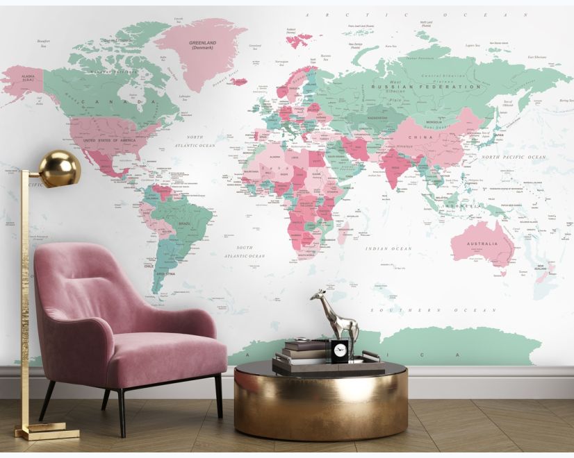 Pink and Green Political World Map Wallpaper Mural main product photo