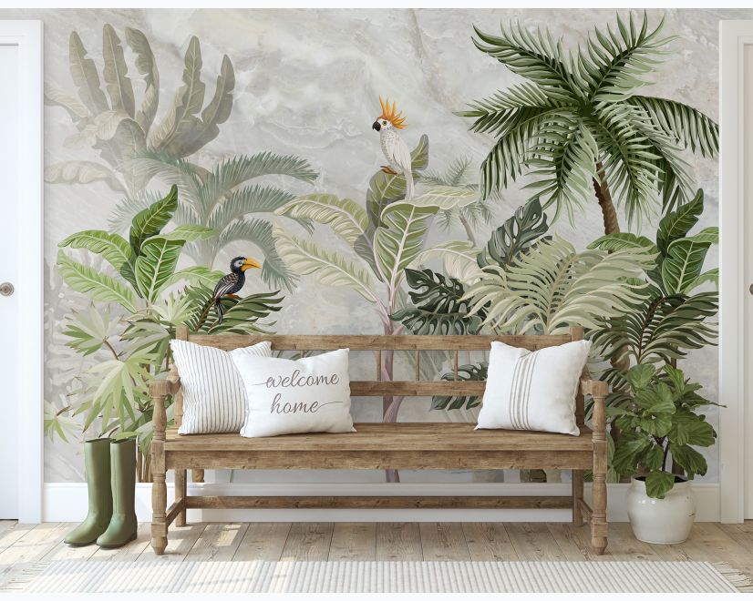 Green Tropical Forest with Parrot Wallpaper Mural main product photo