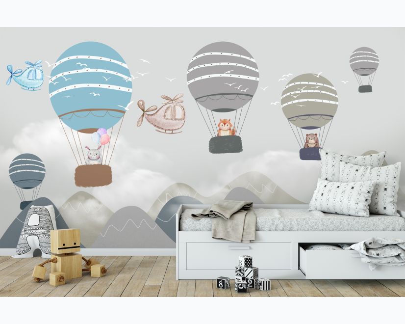 Kids Cartoon Hot Air Balloon and Airplane Wallpaper Mural main product photo
