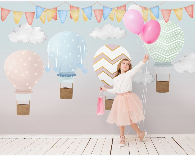 Kids Colorful Hot Air Balloon with Watercolor Flags Wallpaper Mural main product photo