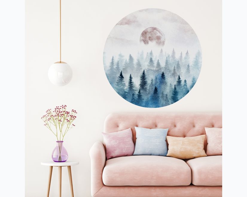 Foggy Forest with Rising Moon Landscape Circle Wall Decal Sticker main product photo