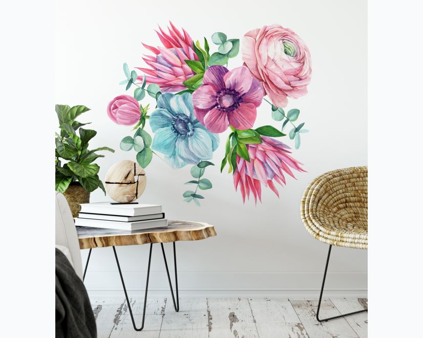 Watercolor Pink Protea with Ranunculus and Tulips Wall Decal Sticker main product photo