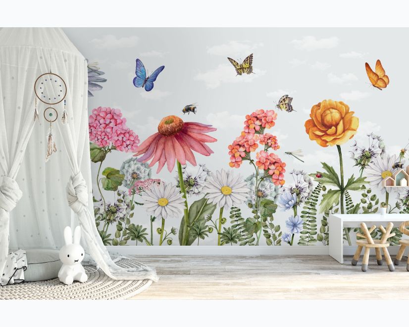 Kids Floral Gardens with Butterflies Wallpaper Mural main product photo