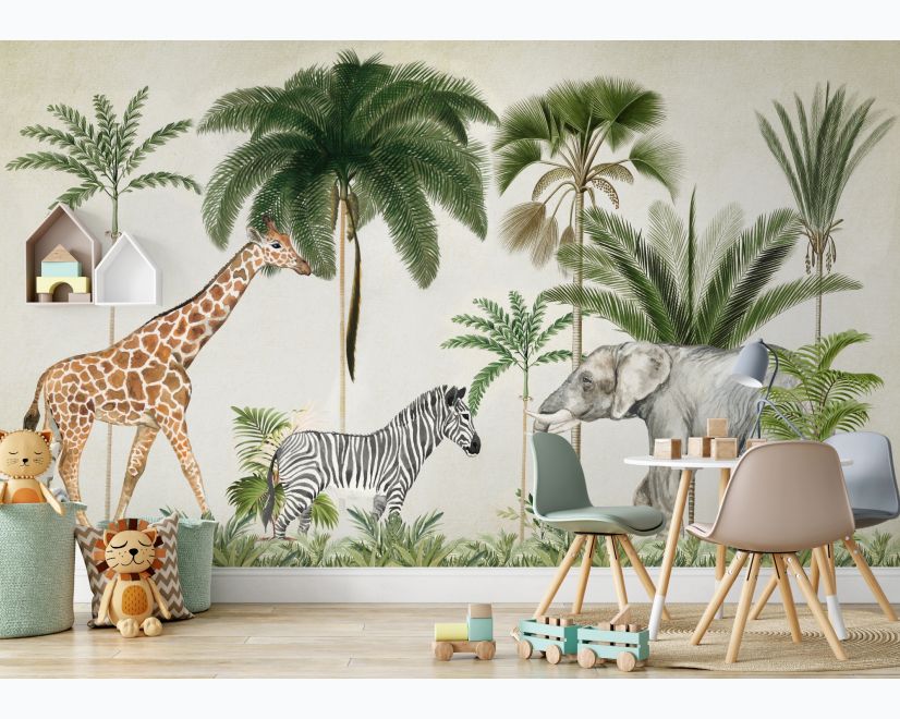 Kids Wild Tropical Animals with Palm Trees Wallpaper Mural main product photo