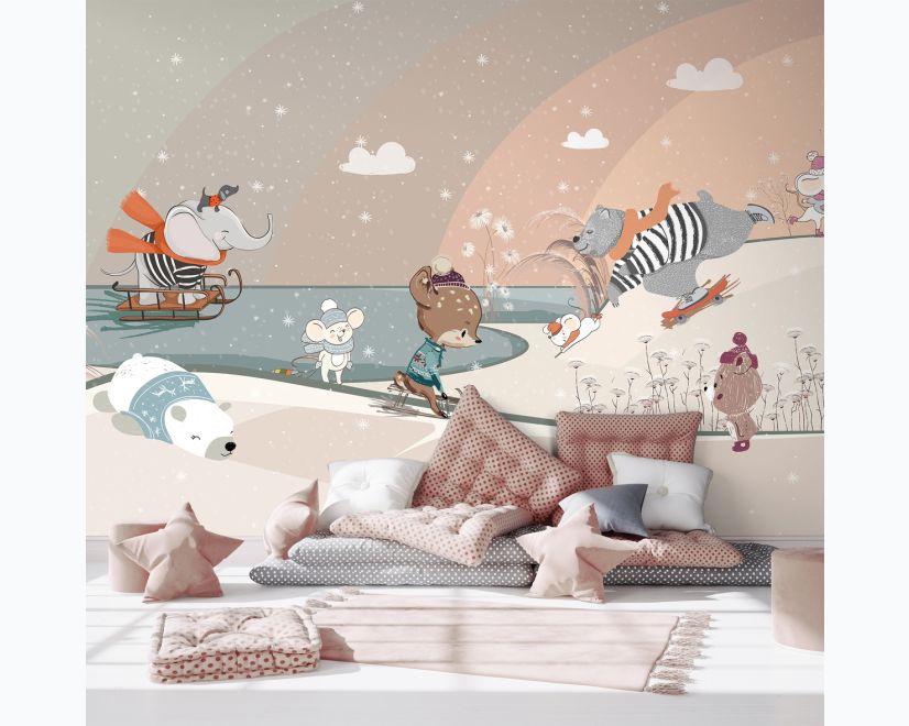 Nursery Snowy Landscape with Cute Cartoon Animals Wallpaper Mural main product photo