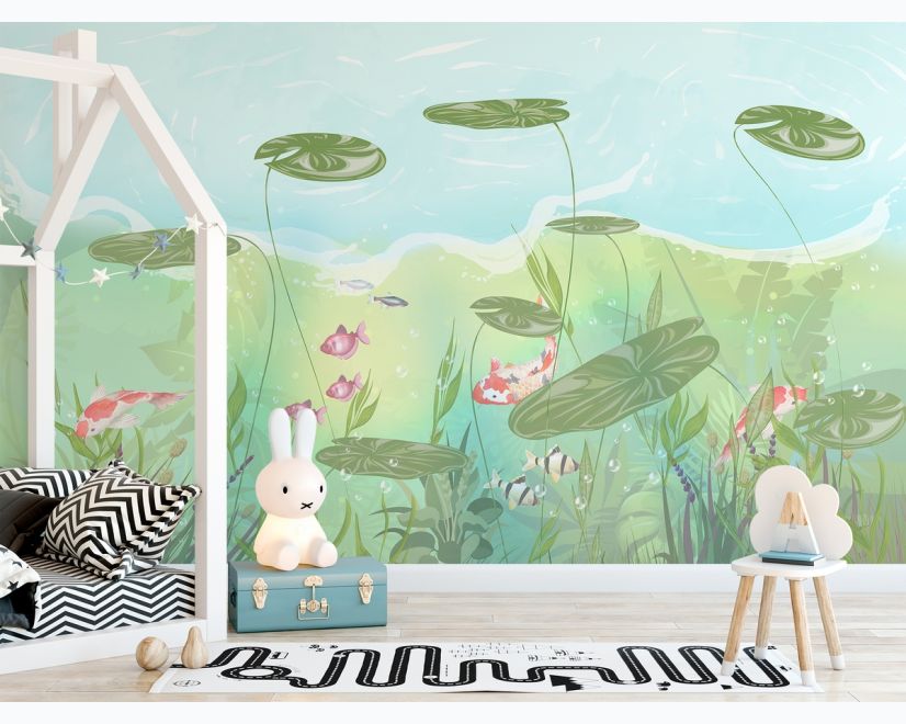 Nursery Lotus Leaf and Fish Wallpaper Mural main product photo