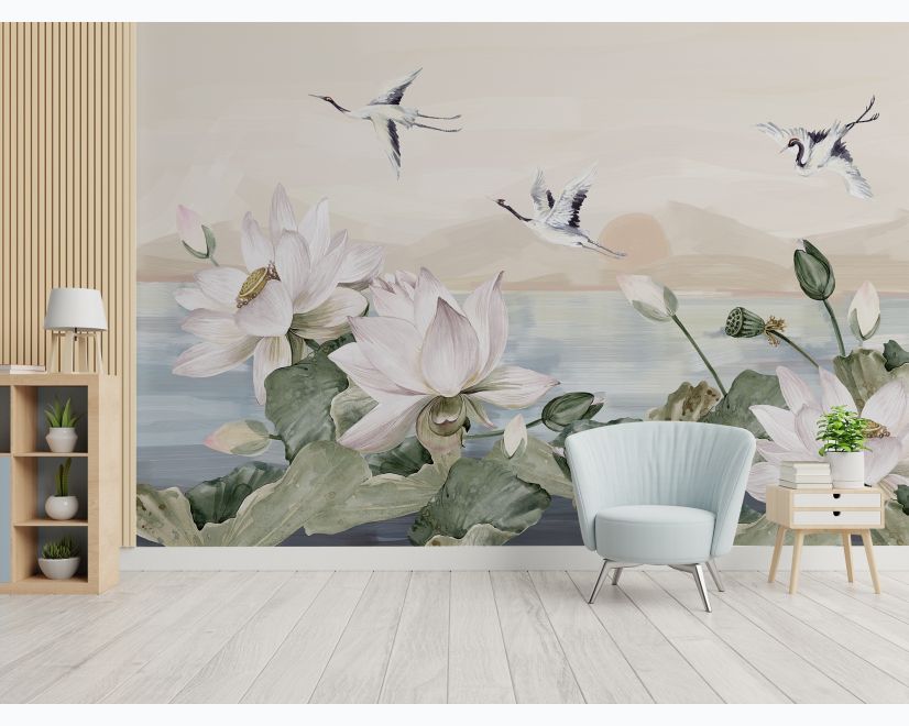White Lotus Floral and Crane Birds Wallpaper Mural main product photo