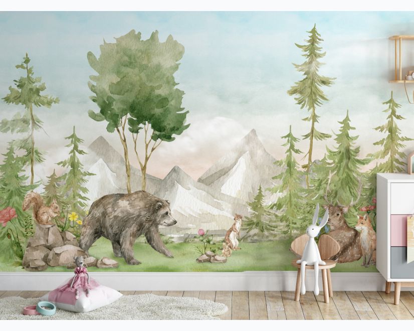 Kids Watercolor Pine Tree Forest with Animals Wallpaper Mural main product photo