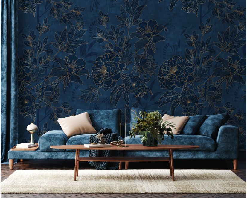 Dark Navy Peony Floral Drawing Art Wallpaper Mural main product photo