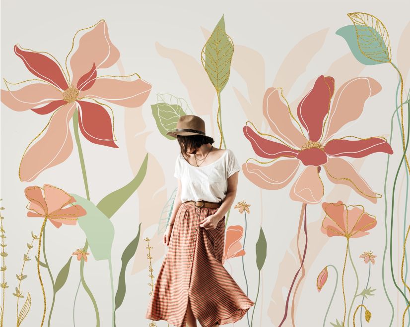 Gold Look Floral Garden Drawing Art Wallpaper Mural main product photo