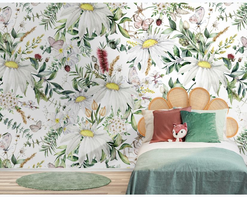 Bright Daisy Flower Bouquet with Green Leaves Wallpaper Mural main product photo
