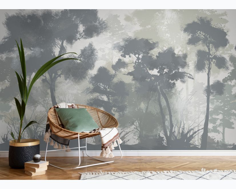 Monochrome Forest Silhouette Landscape Wallpaper Mural main product photo