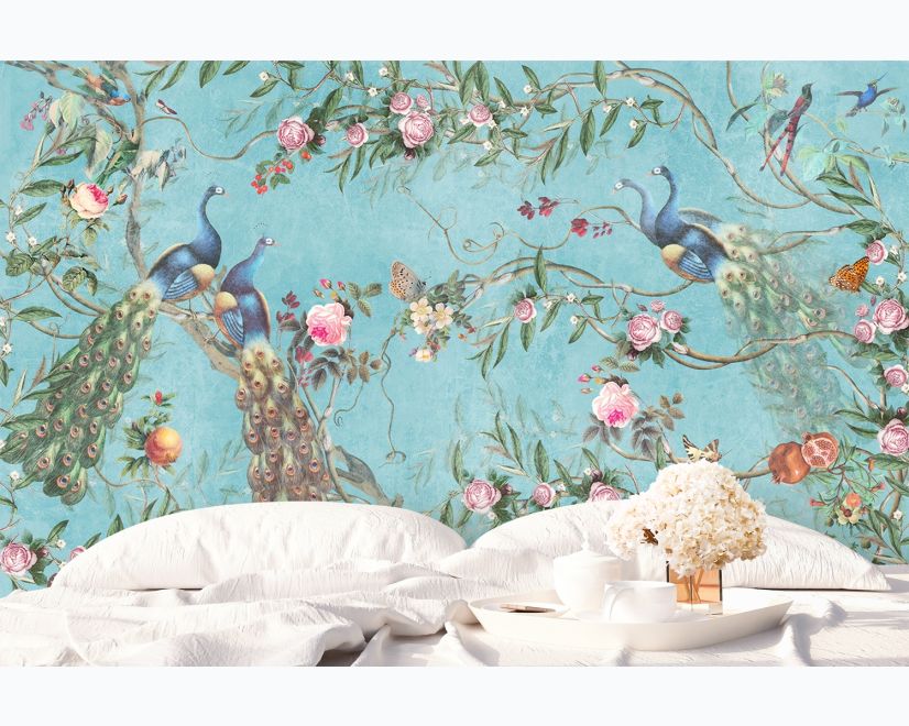 Peacock with Peony Blossom Wallpaper Mural main product photo