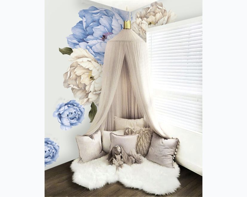 Blue White Peony Floral Bouqets with Green Leaves Wall Decal Sticker main product photo
