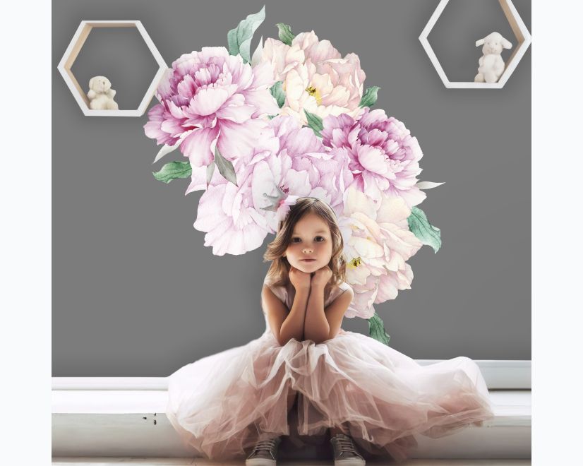 Watercolor Pink White Floral Bouqets with Green Leaf Wall Decal Sticker main product photo
