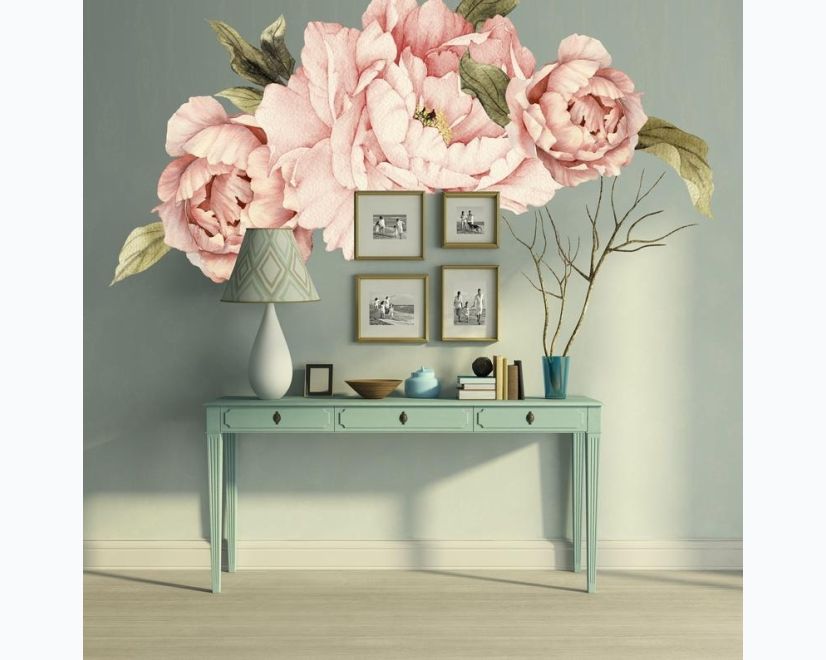 Pink Peony Florals with Green Leaf Wall Decal Sticker main product photo
