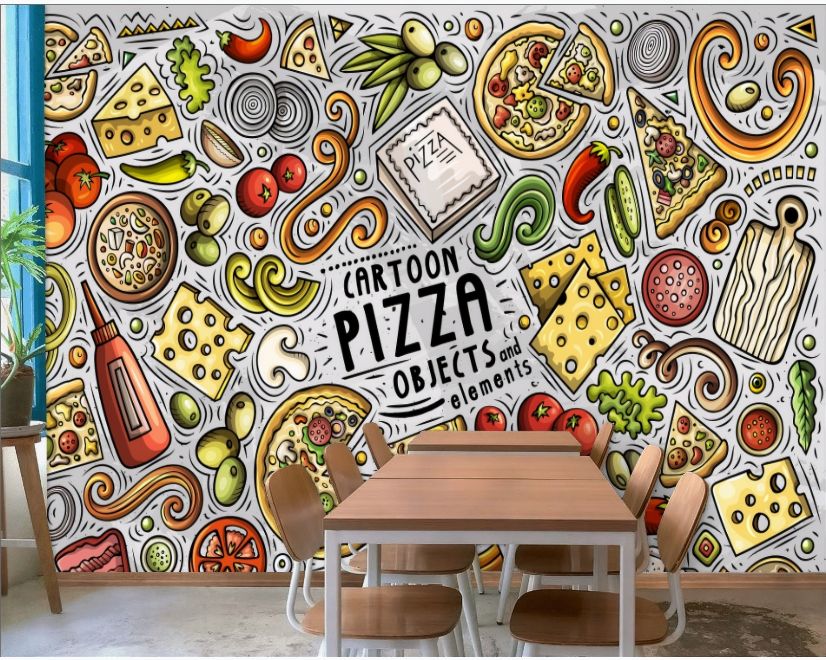Cartoon Colorful Fast Foods and Pizza Wallpaper Mural main product photo