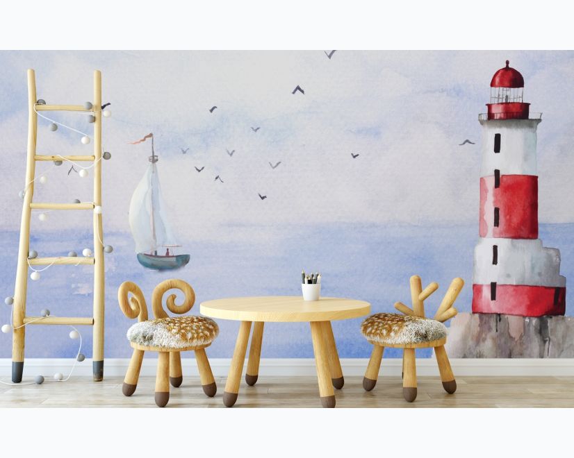Watercolor Lighthouse and Sailboat Wallpaper Mural main product photo