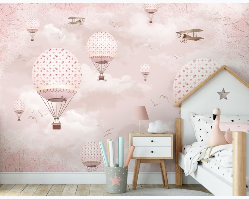 Kids Girls Pink Sky of Hot Air Balloon and Aircraft Wallpaper Mural main product photo