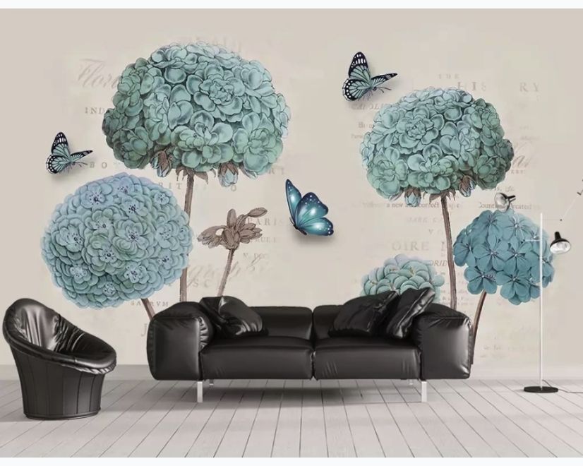 Light Blue Hydrangea Flowers and Butterflies Wallpaper Mural main product photo
