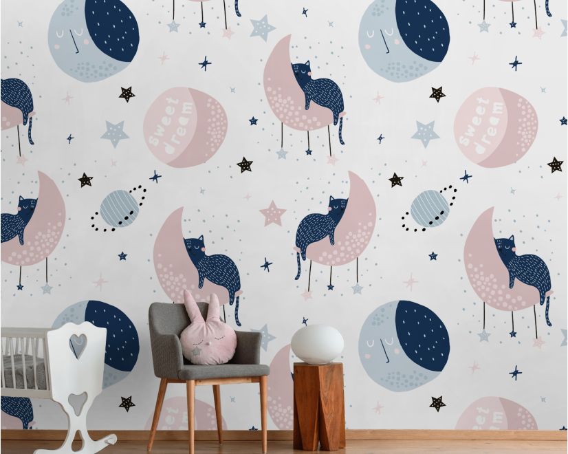 Cute Sleeping Cat on the Moon Wallpaper Mural main product photo
