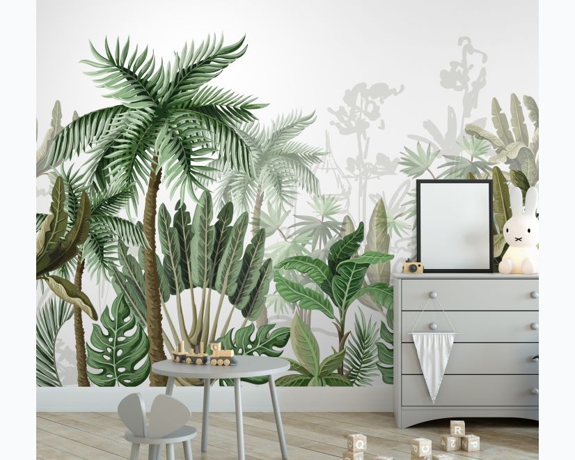 Tropical Cartoon Palm Tree and Banana Leaves Wallpaper Mural main product photo