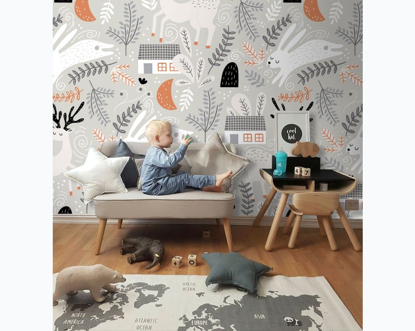White Rabbit and Leaf Twigs Wallpaper Mural main product photo