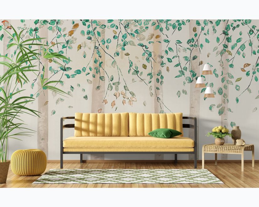 Watercolor Style Forest with Green Brown Little Leaves Wallpaper Mural main product photo
