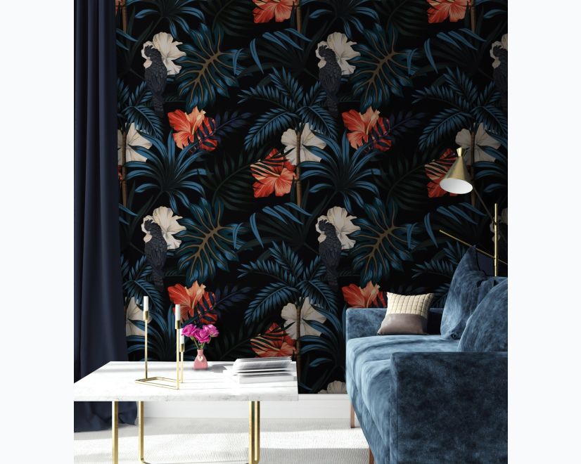 Exotic Leaves with Birds Wallpaper Mural main product photo