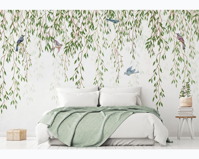 Green Hanging Leaves with Colorful Birds Wallpaper Mural main product photo