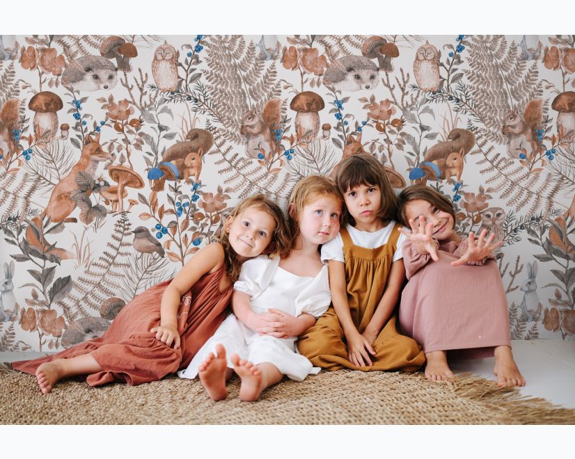Watercolor Cute Kids Forest Animals in Forest Wallpaper Mural main product photo