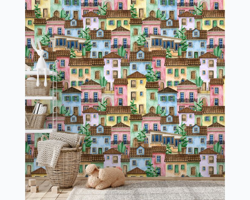 Kids Watercolor Medieval House with Plants Wallpaper Mural main product photo