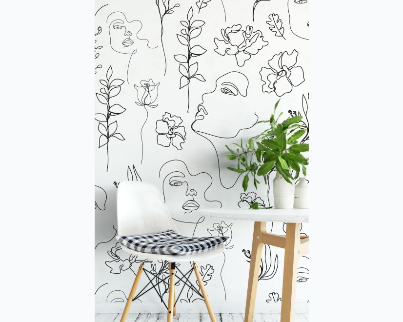 Soft Woman Face with Floral Drawing Line Art Wallpaper Mural main product photo
