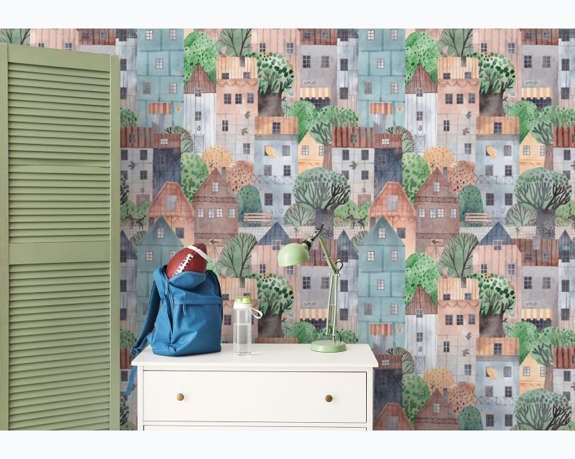 Kids Small Town Cute Watercolor House Wallpaper Mural main product photo