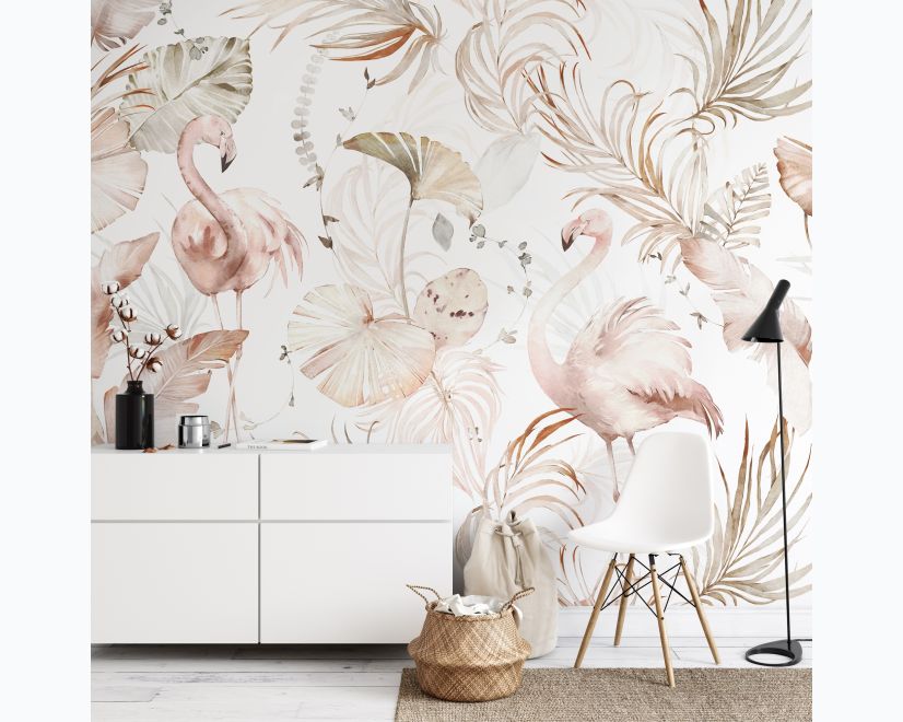 Soft Flamingo Art with Boho Tropical Leaf Wallpaper Mural main product photo