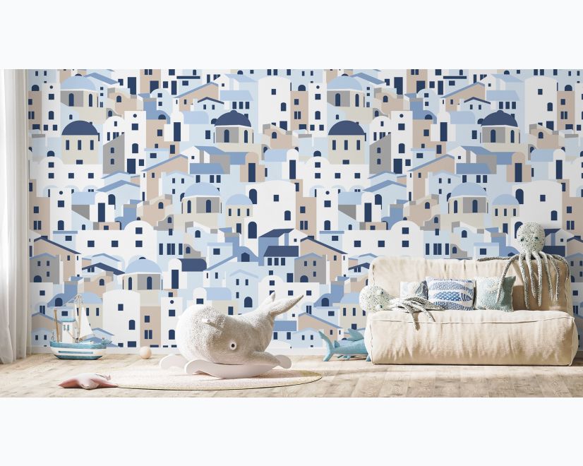 Cartoon Old Blue Greek House Wallpaper Mural main product photo