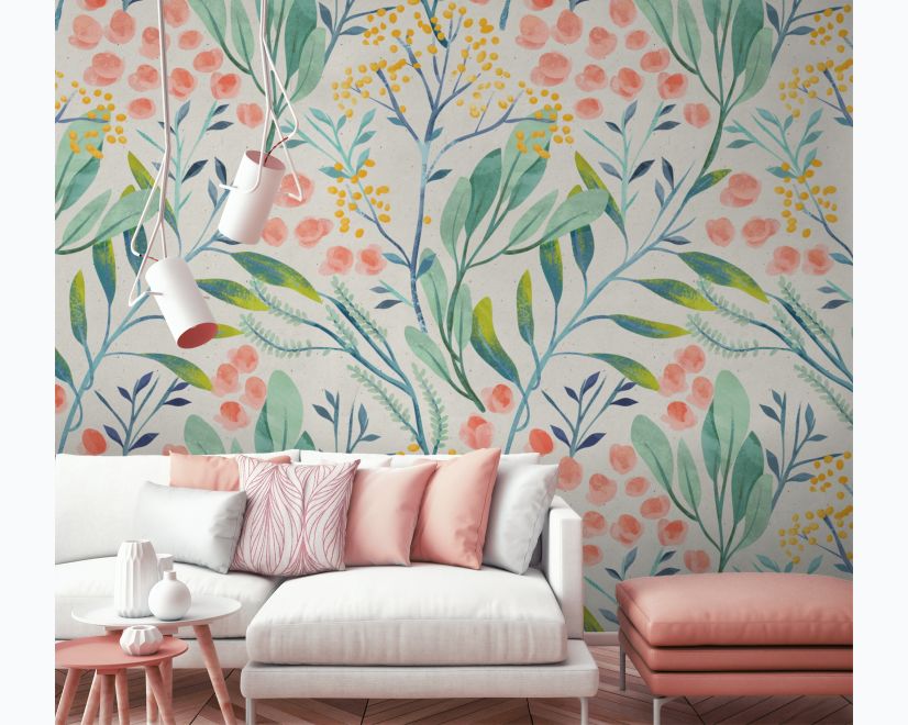 Watercolor Vintage Florals with Botanical Leaves Wallpaper Mural main product photo