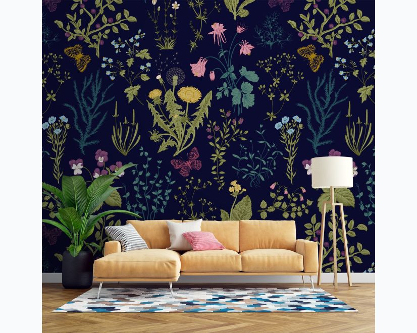 Little Herbs and Flowers on Dark Background Wallpaper Mural main product photo