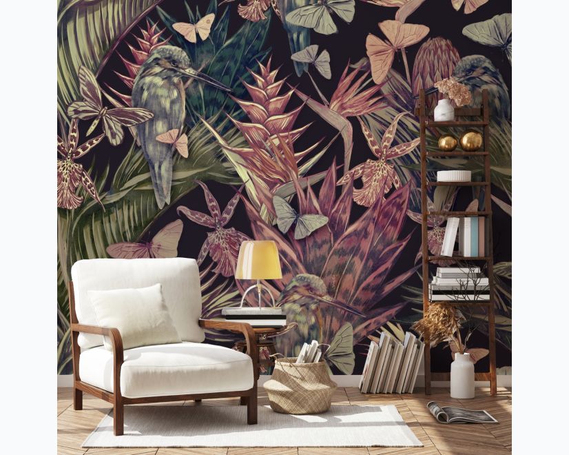 Tropical Birds on Branch with Butterflies Wallpaper Mural main product photo