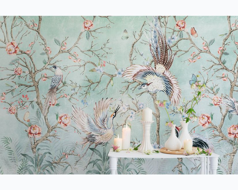 Chinoiserie Peony Blossom with Chinese Birds Wallpaper Mural main product photo